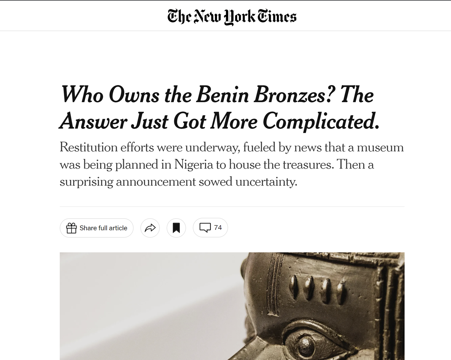 New York Times article on President Buhari changing the ownership of Benin Bronzes and the international fallout that ensued